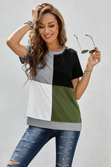 Women's Casual Army Green Colorblock Short Sleeve T-shirt with Slits