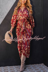 Elegant and Charming Satin Adjustable Waist Tie Button Draped Shirt Midi Dress