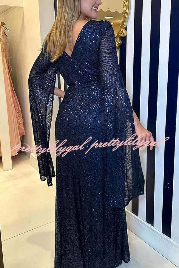 Shine Brighter Sequin Cape Sleeve Cross Waist Evening Maxi Dress