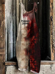 Vintage Bloody Problem Solved Halloween Casual Art Linen Loose Casual Jumpsuit