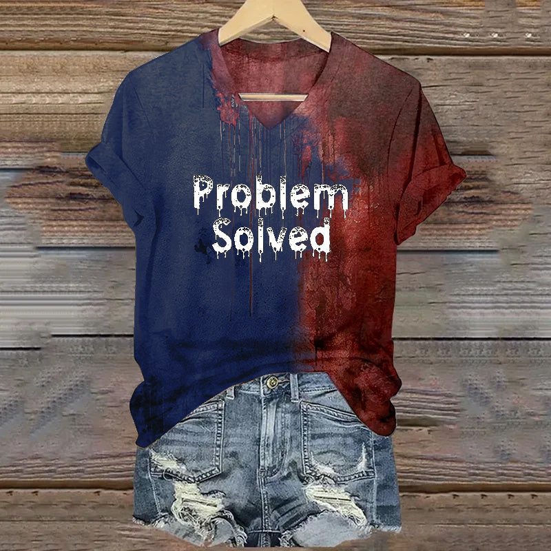 Women's Bloody Problem Solved Halloween Print V-Neck T-Shirt