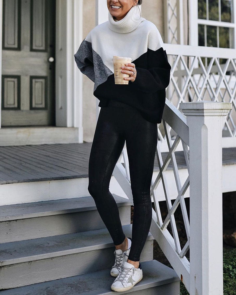 Women's autumn and winter stitching plaid loose sweater