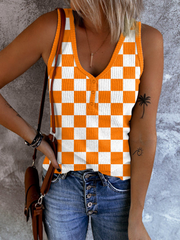 Plaid V Neck Casual T-Shirts