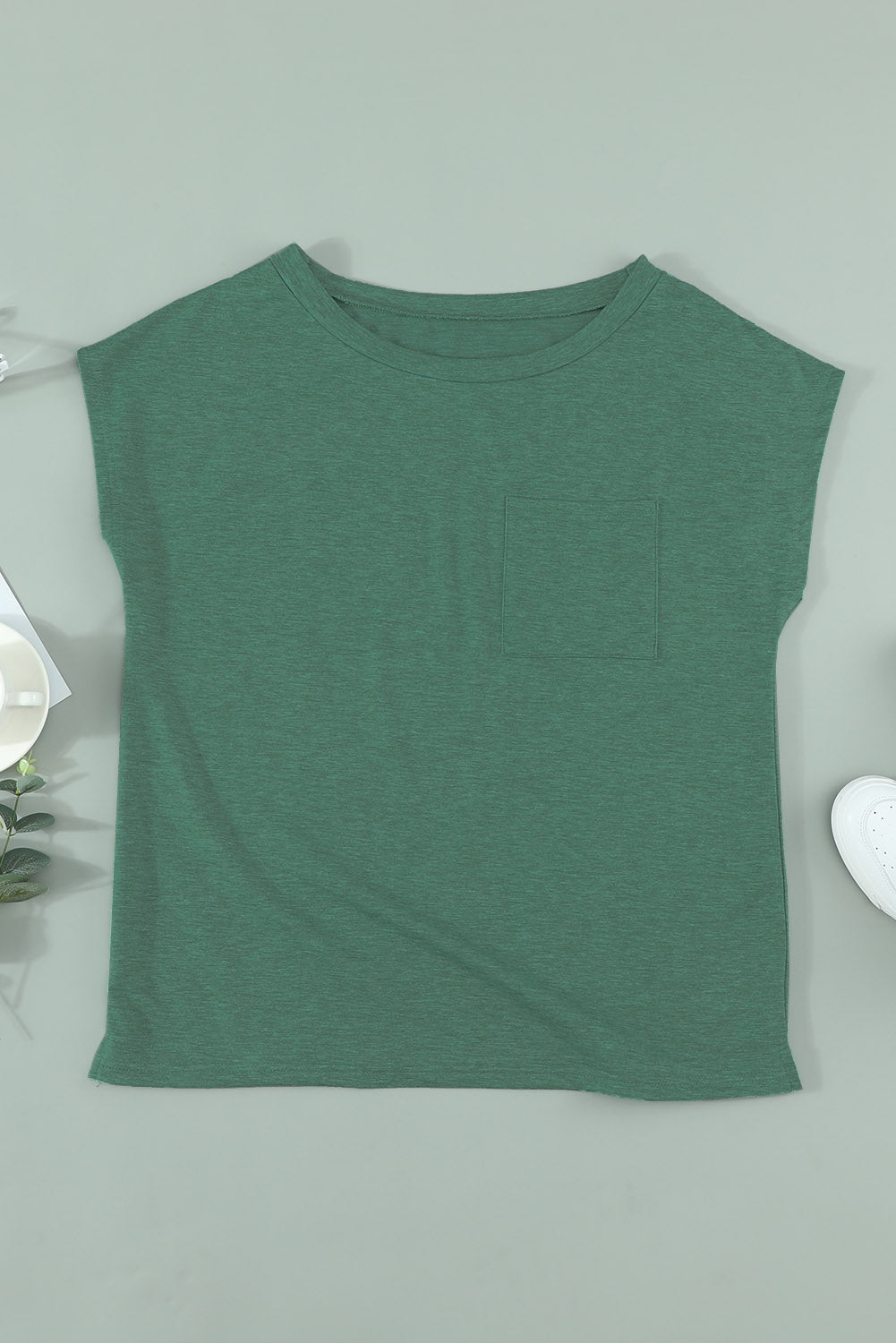 Women's Green Pocketed O Neck Short Sleeve Tee with Side Slits