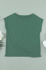 Women's Green Pocketed O Neck Short Sleeve Tee with Side Slits