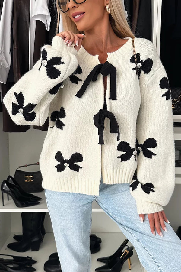Vernie Knit Jewelry Pendant Bow Pattern Front Tie-up Long Sleeve Loose Cardigan