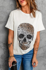 Women's Leopard Skull Graphic White T Shirt