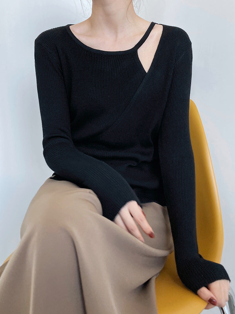 Two False Hollow Out Shoulder Sweater Female Design Sense Hanging Neck Top
