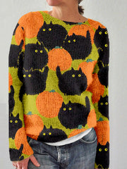 Black Cats & Pumpkins Graphic Vintage Cozy Sweater