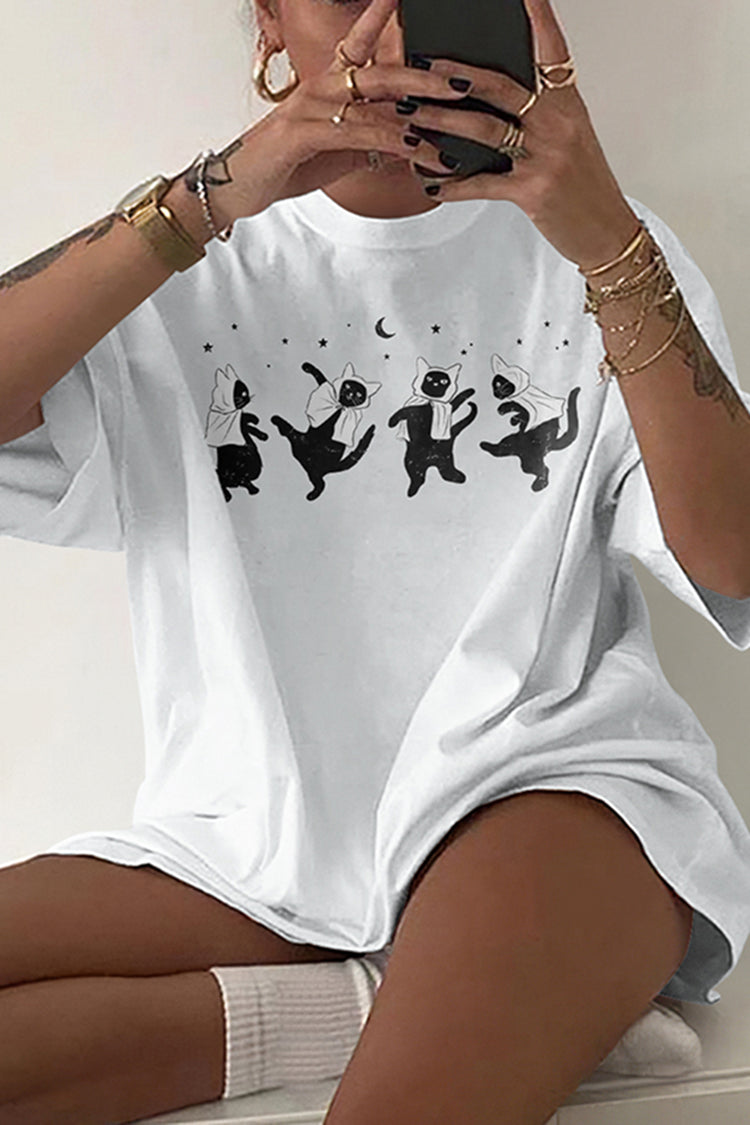 Dancing Cat Print Short Sleeve T-Shirt