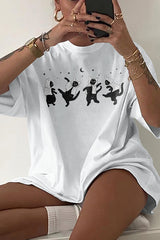 Dancing Cat Print Short Sleeve T-Shirt