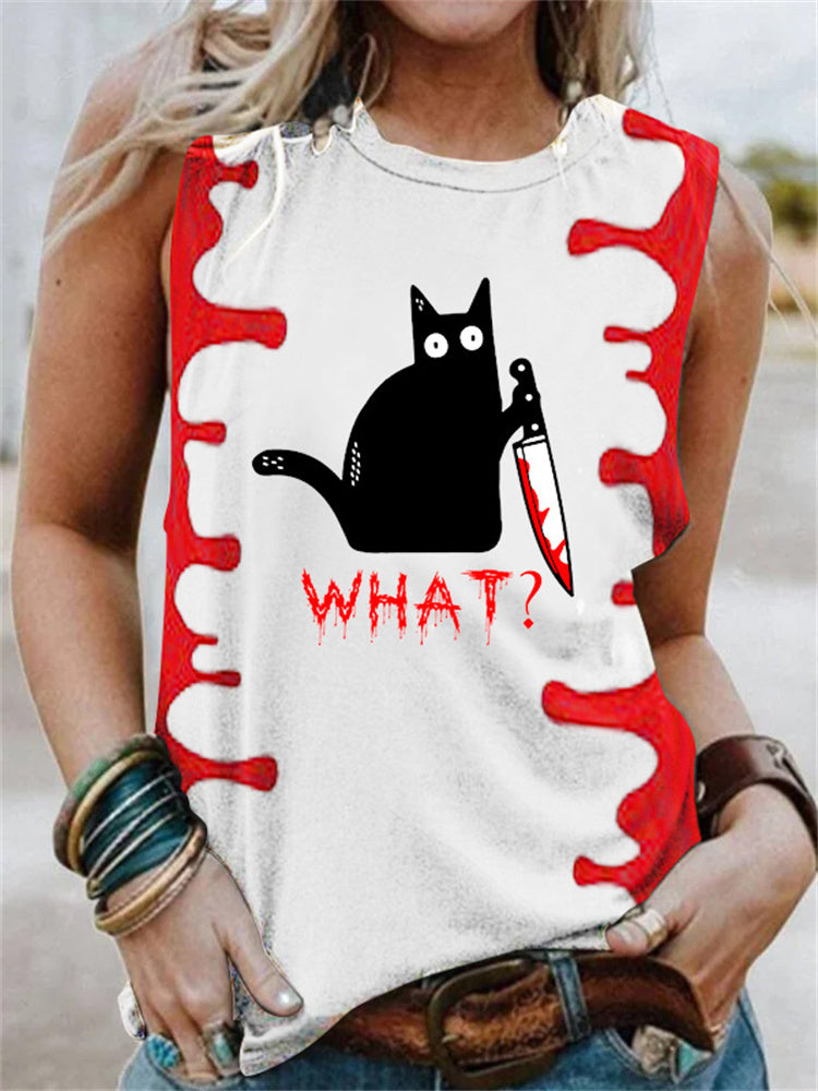 Halloween Holding Knife Black Cat Tank Top