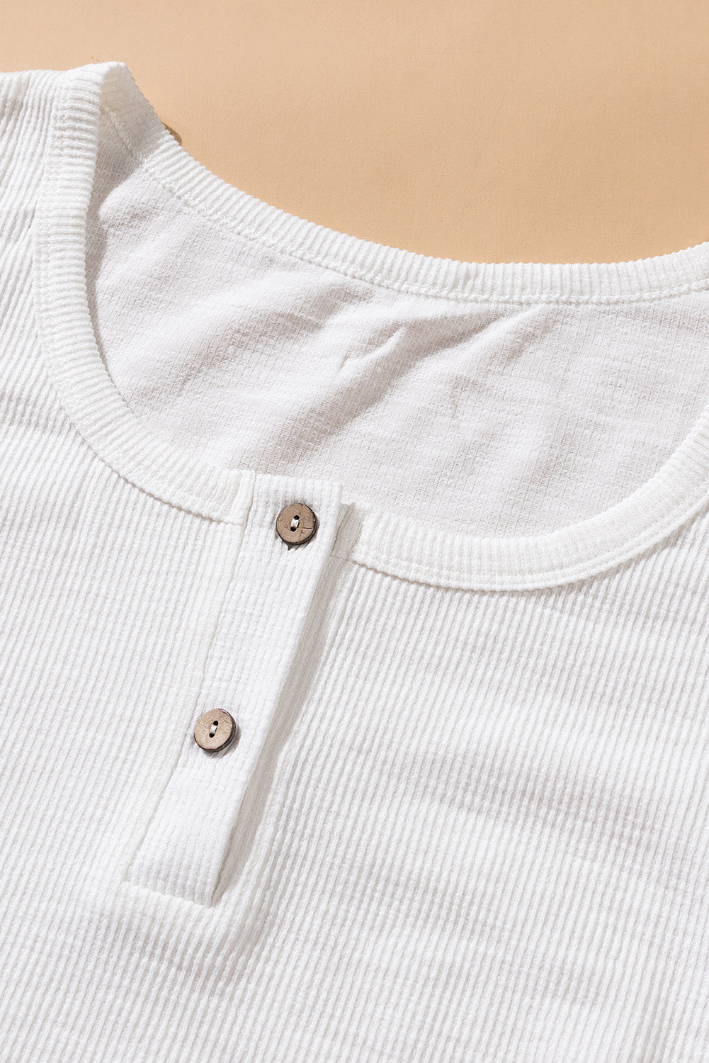 Women's Casual White Crewneck Buttons Ribbed Knit Long Sleeve Top