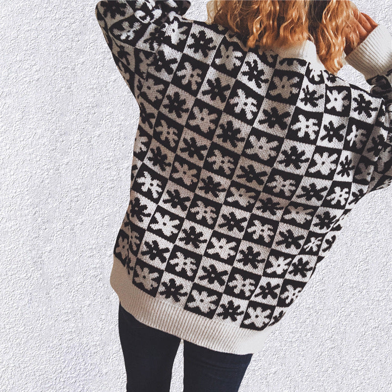 Casual Floral Plaid Round Collar Long Sleeve Loose Knit Sweater
