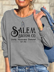 Halloween Salem Broom Co Print Crew Neck Long Sleeve Sweatshirt