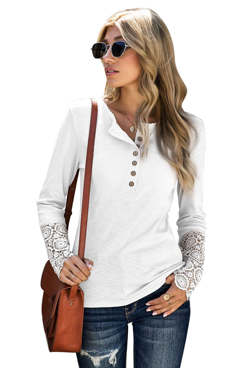 Women's Chic White Crochet Lace Hem Sleeve Button Top
