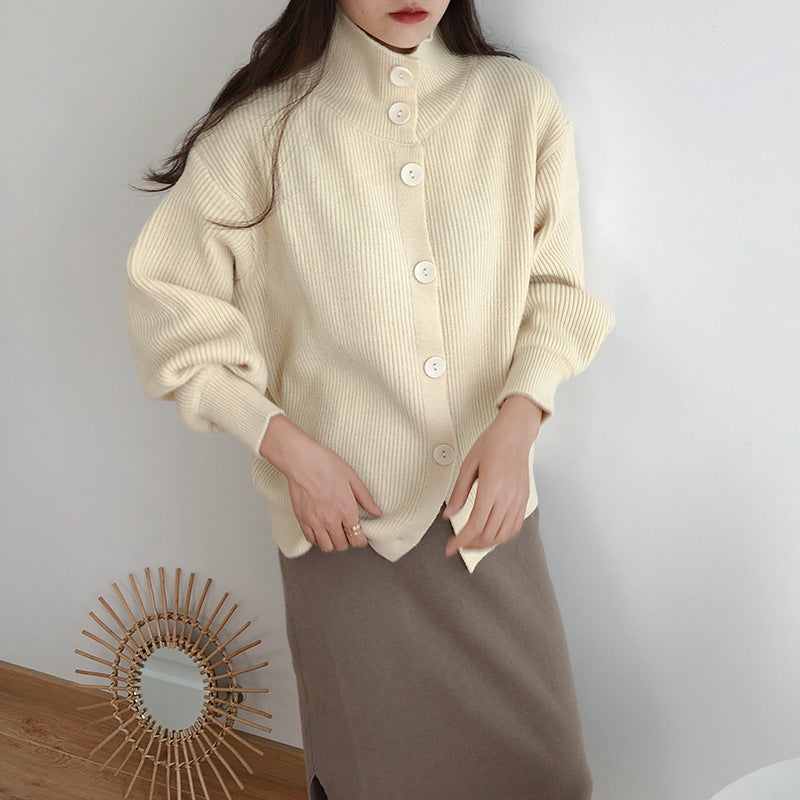 High-Necked Thick Loose Western-Style Knitted Cardigan