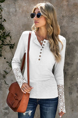 Women's Chic White Crochet Lace Hem Sleeve Button Top