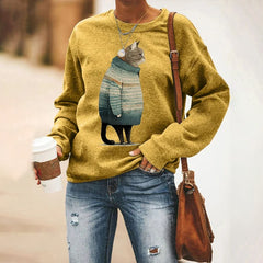 Winter Cat Print Crew Neck Sweatshirt