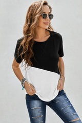 Women's Black Crew Neck Colorblock Short Sleeve Tee