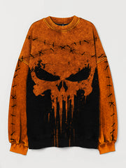 Stitched Skull Graffiti Contrast Color Washed Sweatshirt