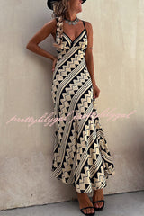 Exclusive Melody Satin Ethnic Print Smocked Back Midi Dress