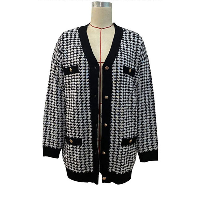Vintage Houndstooth Mid Length Sweater Cardigan