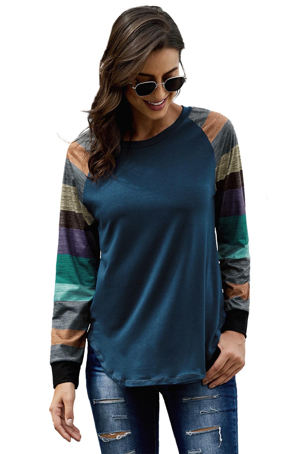 Women's Navy Color Block Long Sleeves Pullover Top