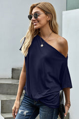 Women's Blue Off-The-Shoulder Slash Neck Casual Loose Fitting Top