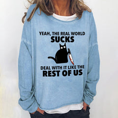Cat Print Crew Neck Long Sleeve Casual Sweatshirt
