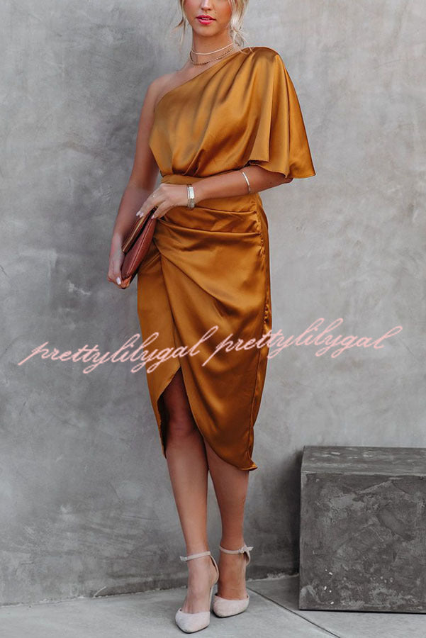 Glam Expectations One Shoulder Satin Drape Dress