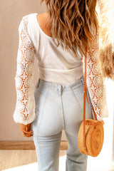 Women's White Lace Long Sleeve Ribbed Top