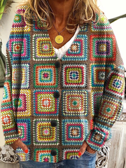Rainbow Abstract Geometric Patchwork Art Pattern Cozy Knit Hooded Cardigan