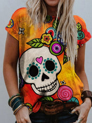 Day Of The Dead Cute Skull Casual Crewneck T Shirt
