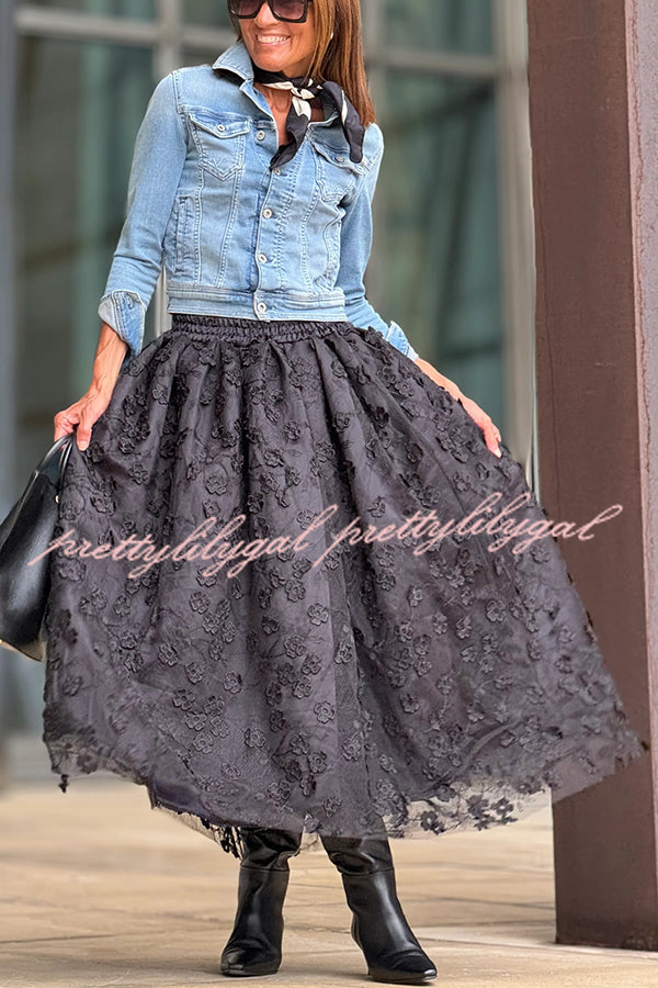 Timeless Luxury Tulle 3D Embroidered Flowers Elastic Waist Large Hem Midi Skirt