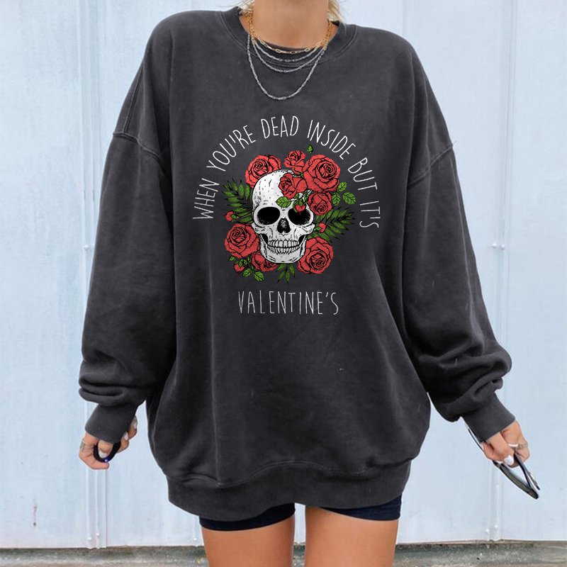 Rose Skull Print Casual Halloween Sweatshirt
