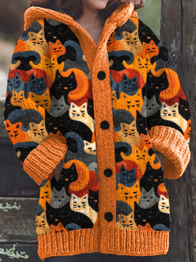 Cute Cat Pattern Knit Hooded Cardigan