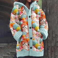 Cute Cat Print Long Sleeve Knitted Hooded Cardigan