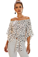 Women's White Polka Dot 3/4 Bell Sleeve Front Tie Knot Off Shoulder Top