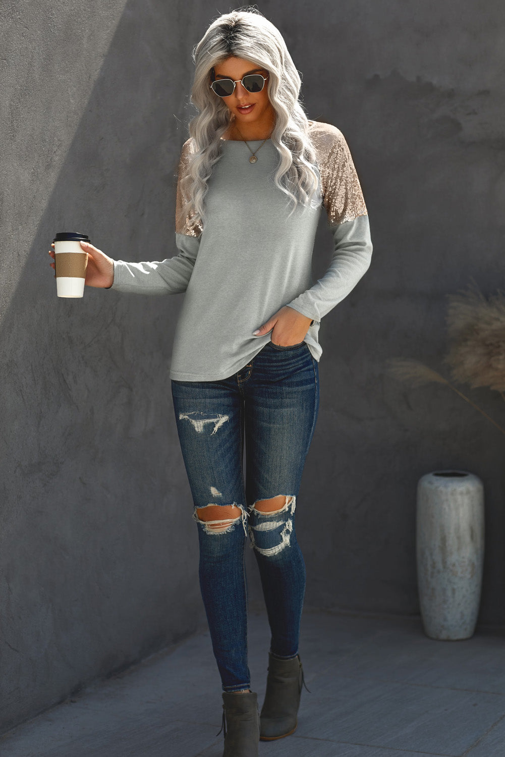 Women's Women Gray Sequin Shoulder Long Sleeve Top