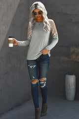 Women's Women Gray Sequin Shoulder Long Sleeve Top