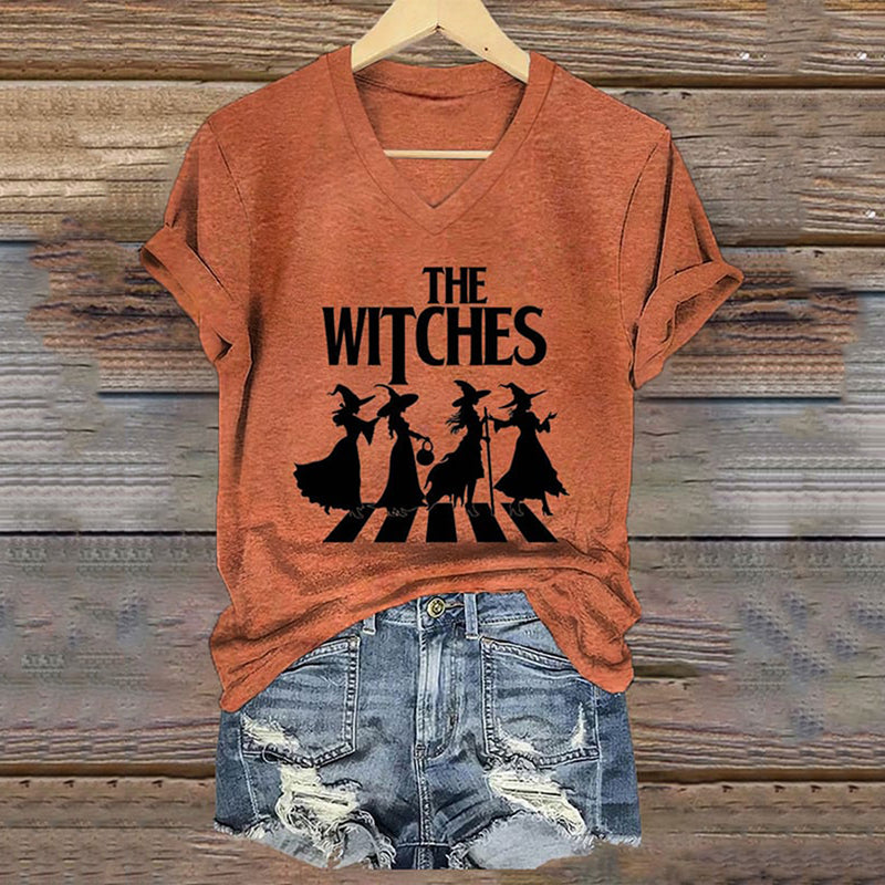 Women's Halloween The Witches Print V-Neck T-Shirt
