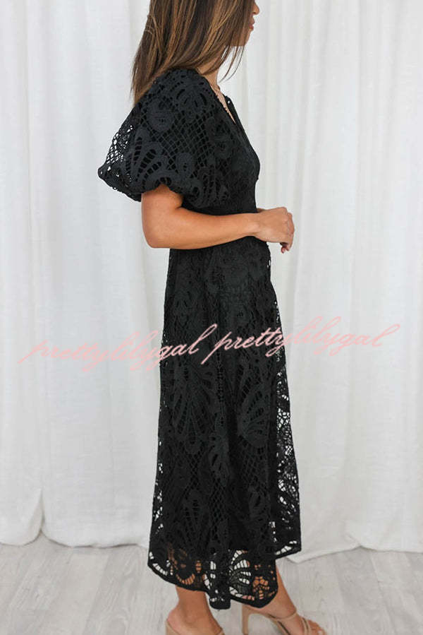 Solid Color V-neck Waist Slim Fit Hollow Lace Maxi Dress