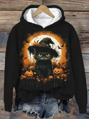 Halloween Black Cat Pumpkin Print Casual Hoodie