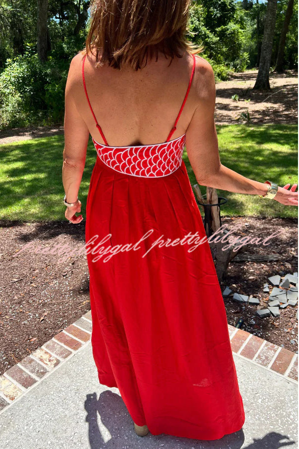 Red Fish Embroidered Sling Backless Maxi Dress