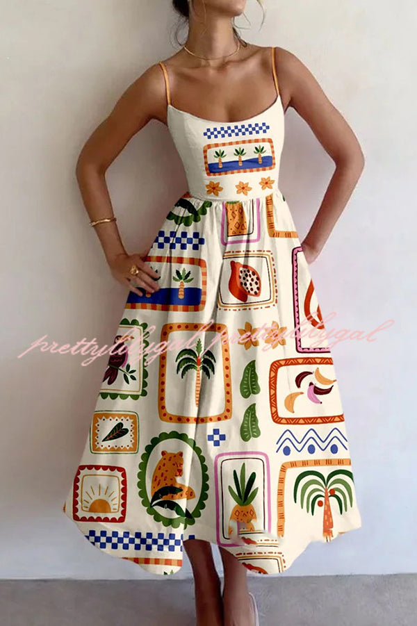 Colorful Unique Printed Sexy Suspender Slim Midi Dress