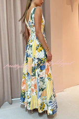 Eternal Italian Paradise Linen Blend Patchwork Print Pocketed Maxi Dress