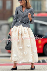 Timeless Luxury Tulle 3D Embroidered Flowers Elastic Waist Large Hem Midi Skirt