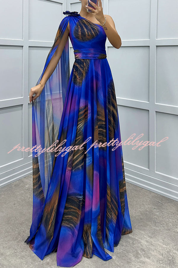 Lucia Unique Print Floral Detail One Shoulder Draped Sleeve Gown Maxi Dress