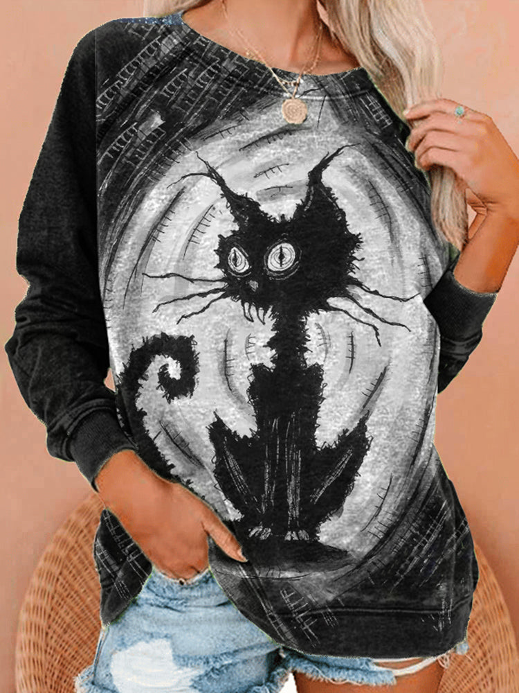 Casual Cat Print Long Sleeve Sweatshirt